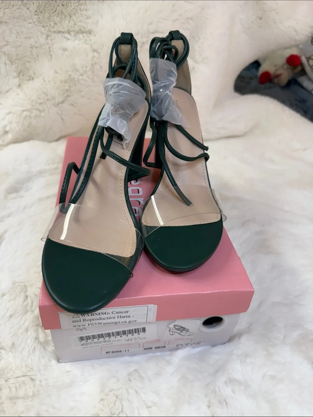 Allegra K Dark Green Block Heel Sandals with Clear Strap
